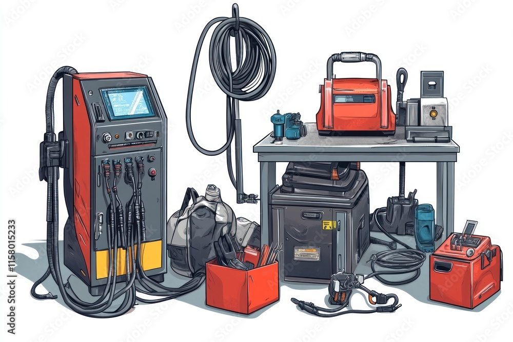 Welding equipment and tools on workbench. Welding equipment and tools on workbench.