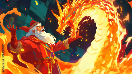 Bright cartoon-style illustrations of wizards controlling fiery dragons, with energetic and magical effects