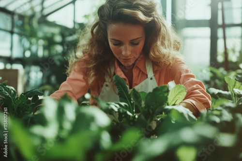 Woman caring for vibrant green plants inside a sunlit greenhouse filled with lush foliage photo