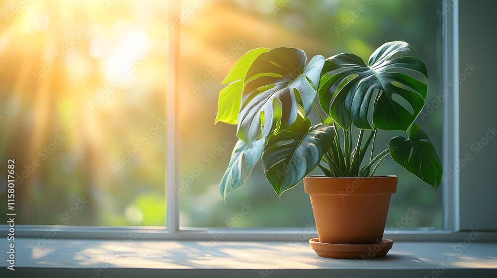 Monstera deliciosa plant displayed in terracotta pot by window, with natural sunlight illuminating the lush green split leaves, creating an aesthetic indoor botanical scene. Monstera deliciosa plant displayed in terracotta pot by window, with natural sunlight illuminating the lush green split leaves, creating an aesthetic indoor botanical scene.