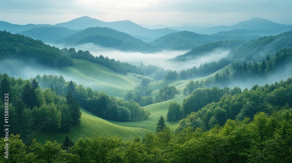 Fototapeta premium hills and landscape in fog morning view
