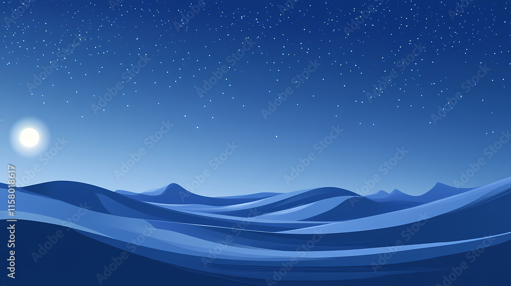 Fototapeta premium A minimalist desert vista at dusk, highlighting the elegant curves of wind-swept dunes against a backdrop of a starlit sky. wind-swept desert. illustration. Starlit. Illustration