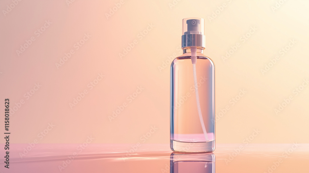 Glossy spray bottle mockup with transparent design on smooth reflective surface
Glossy spray bottle mockup with transparent design on smooth reflective surface