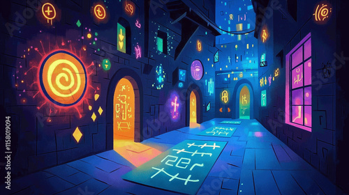 Mystical Fantasy Illustrations with Neon Glowing Symbols in Whimsical Worlds