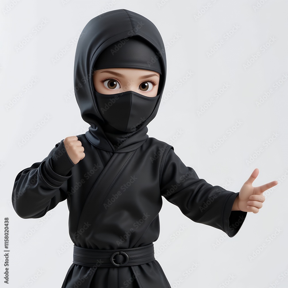 Adorable Little Ninja: 3D Render of a Cute Child in a Black Ninja Suit, Ready for Action Adorable Little Ninja: 3D Render of a Cute Child in a Black Ninja Suit, Ready for Action