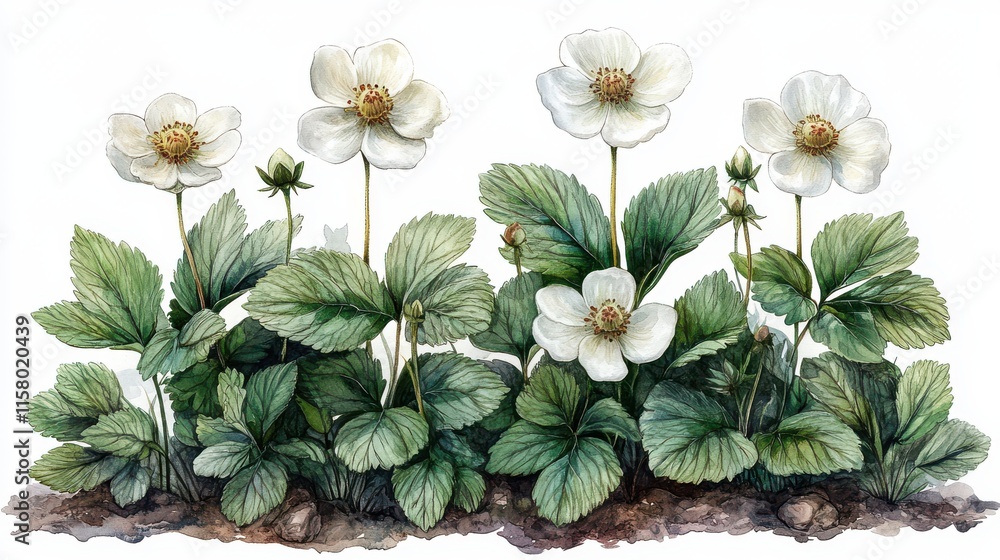 Obraz premium illustration of a wild white strawberry plant isolated on a white background wild white strawberry plant