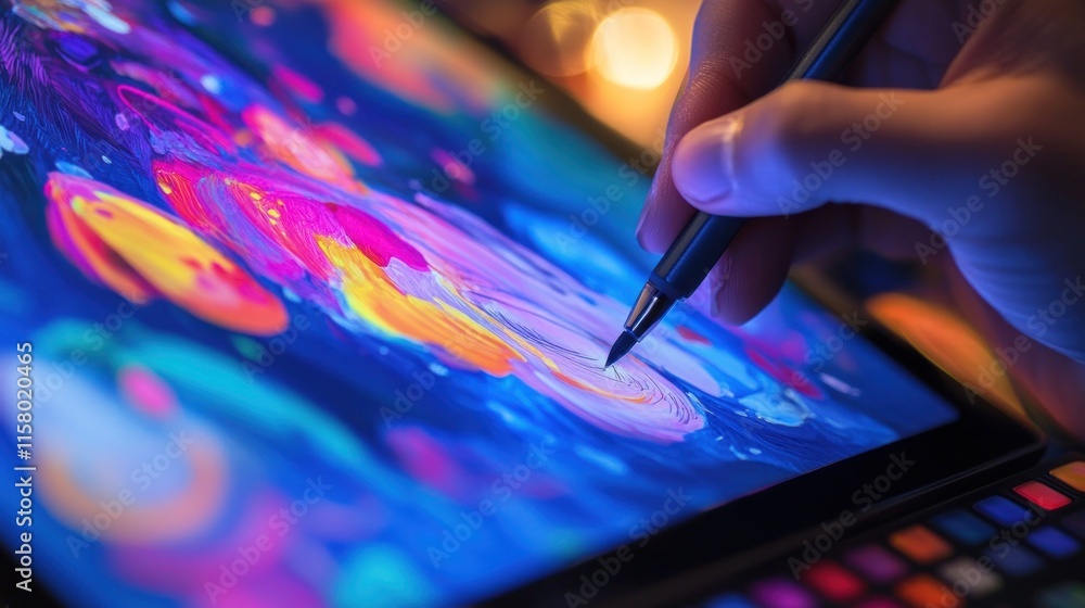 Close-up hand using stylus on digital drawing tablet, creating vibrant abstract art. Close-up hand using stylus on digital drawing tablet, creating vibrant abstract art.