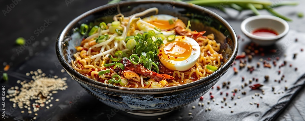 Steamed ramen noodles with boiled egg topping in a black bowl Steamed ramen noodles with boiled egg topping in a black bowl