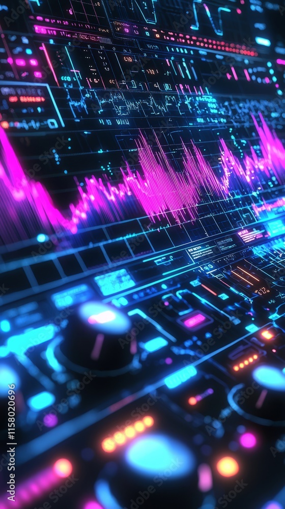 Neon Synthwave Control Panel: Futuristic Digital Audio Interface Neon Synthwave Control Panel: Futuristic Digital Audio Interface