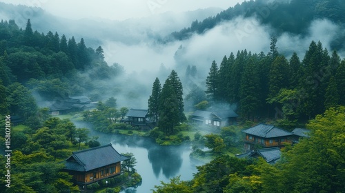 japanese foggy landscape of countryside photo