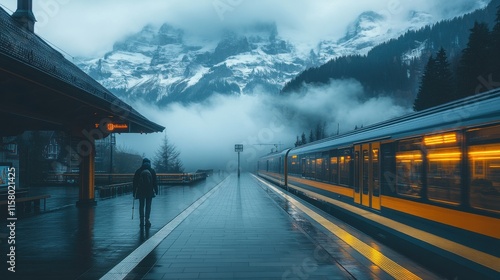 landscape of grindelwald village switzerland first train station to jungfrau in the morning with a thick white fog on spring time photo