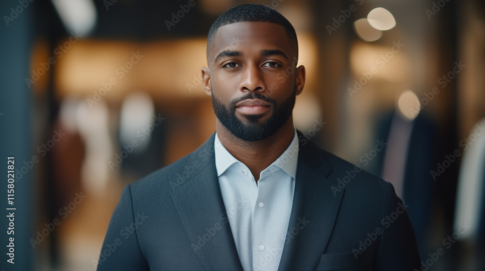 confident man in tailored suit stands in stylish boutique, exuding professionalism and elegance. His well groomed appearance complements upscale environment. confident man in tailored suit stands in stylish boutique, exuding professionalism and elegance. His well groomed appearance complements upscale environment.