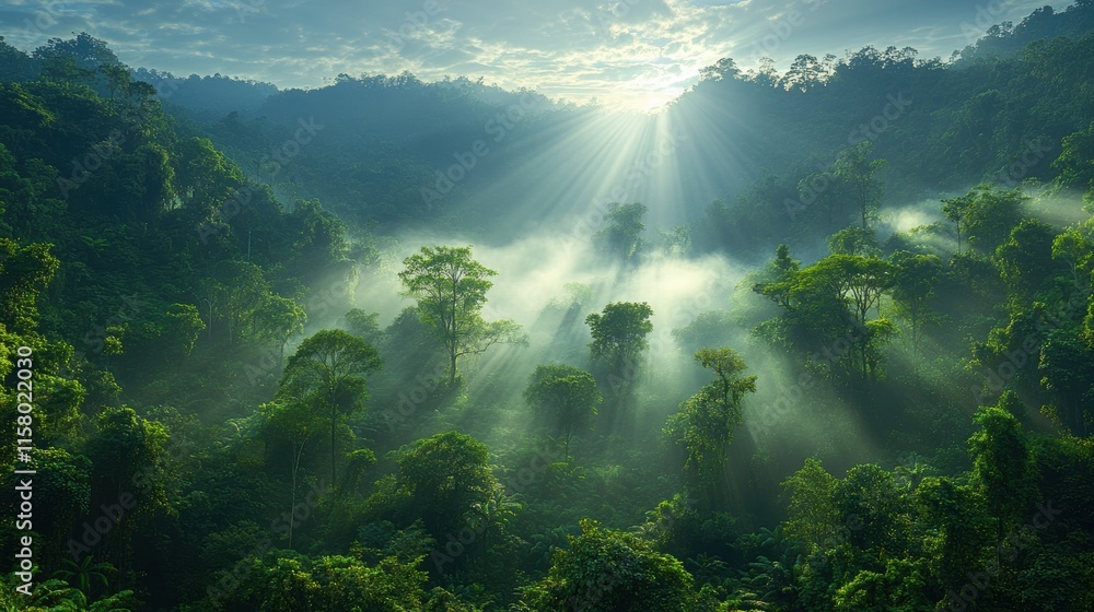 Fototapeta premium lush forest covered in thick fog with sunlight breaking through the trees in the distance