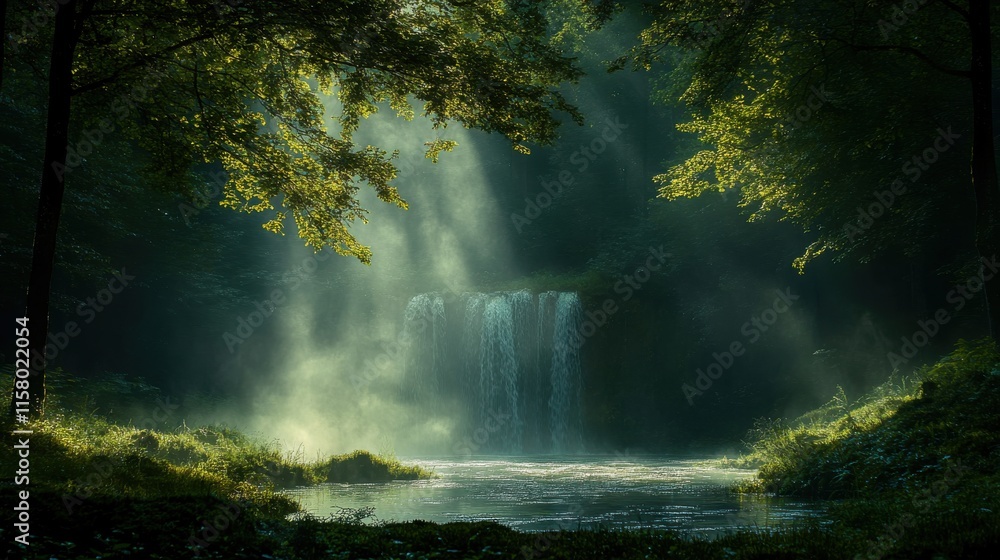 lush forest covered in thick fog with sunlight breaking through the trees in the distance lush forest covered in thick fog with sunlight breaking through the trees in the distance
