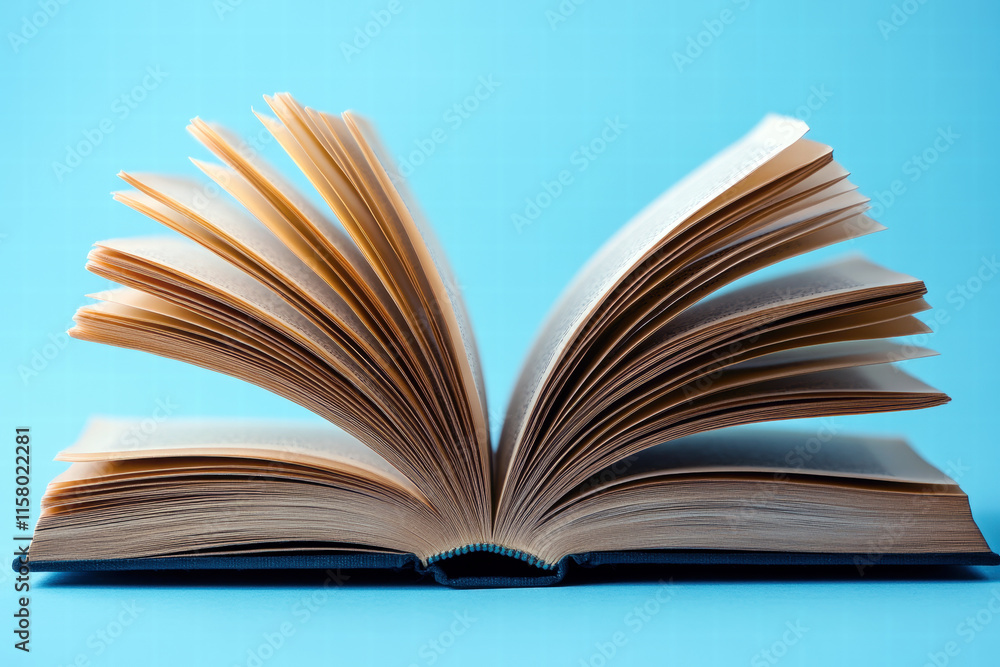 Open Book with Splayed Pages on Bright Blue Background Open Book with Splayed Pages on Bright Blue Background