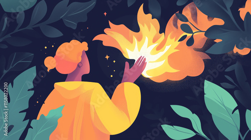 Flat Illustration of a Woman Casting a Magical Flame in a Mystical Forest