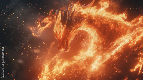 Realistic Concept Art of a Fiery Dragon Emerging in a Blazing Scene