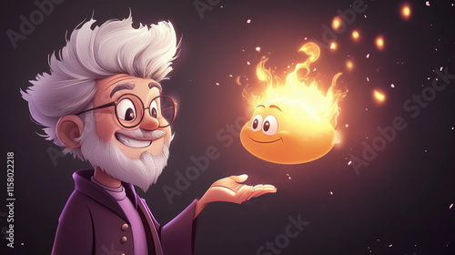 Cartoon-Style Wizard Holding a Smiling Flame in a Whimsical Fantasy Setting