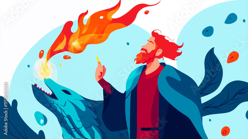 Flat Style Illustration of a Bearded Wizard Casting Fire Over a Serpentine Dragon