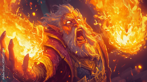 Epic Concept Art of a Powerful Wizard Conjuring Twin Fireballs in a Dramatic Scene