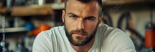 Intense Gaze Realistic Portrait Photography of a Bearded Man photo