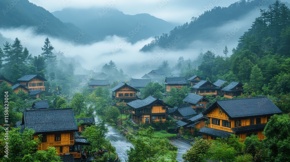 Obraz premium morning time village and fog surrounded by mountains