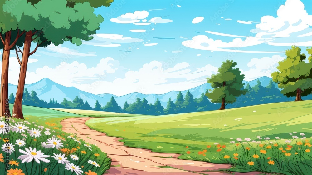 Fototapeta premium Serene Pathway Winding Through a Lush Green Meadow