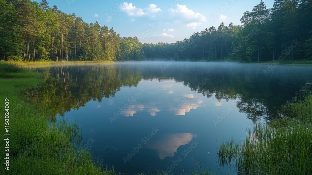 nadeje pond with fog in summer morning near hluboka nad vltavou town nadeje pond with fog in summer morning near hluboka nad vltavou town
