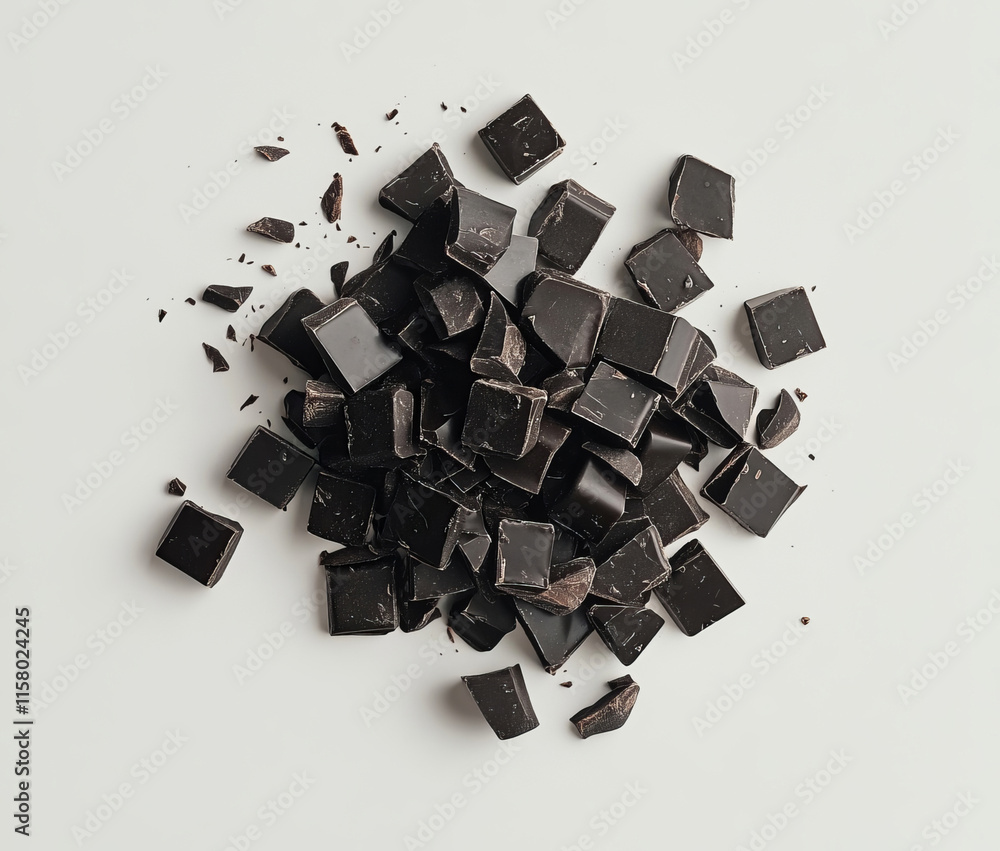 A neatly stacked pile of dark chocolate squares rests against a clean white background, perfect for showcasing the richness of the confection. A neatly stacked pile of dark chocolate squares rests against a clean white background, perfect for showcasing the richness of the confection.
