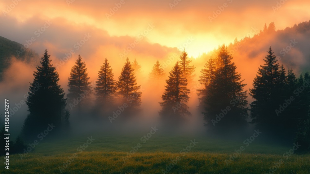 nature scene with rolling hills covered in thick fog and tall trees silhouetted against the sky nature scene with rolling hills covered in thick fog and tall trees silhouetted against the sky