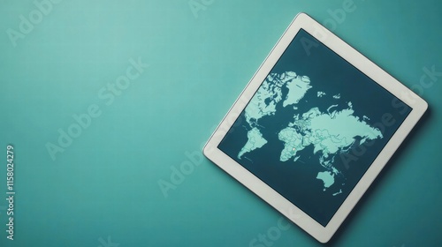 Display of world map on tablet in modern flat lay setup with ample copy space for creative text. Generative AI photo