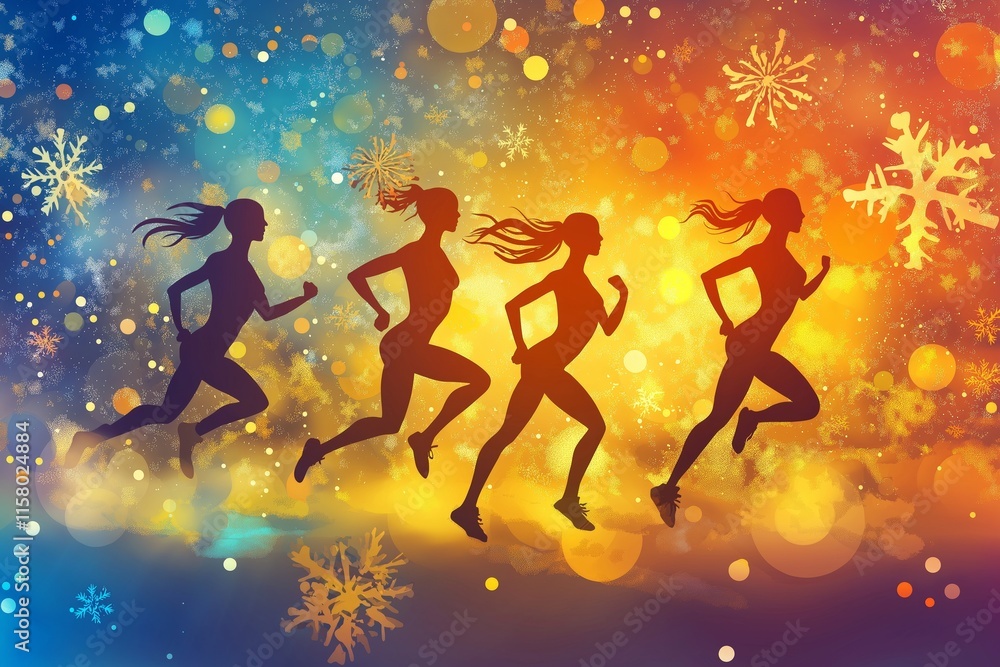Naklejka premium This vibrant illustration captures a group of athletes engaged in a cardio workout, portraying energy and motivation for winter weight loss through running.
