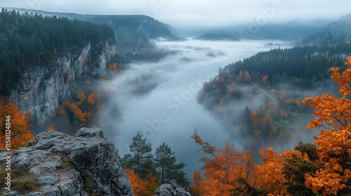 panorama of sava river valley at kresnice village viewed from a high vantage point dense morning fog or clouds in the valley are visible due to sava river photo