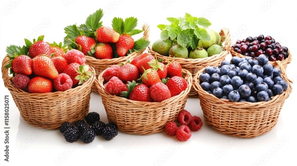 Fresh Assortment of Berries and Fruits in Woven Baskets Display Fresh Assortment of Berries and Fruits in Woven Baskets Display