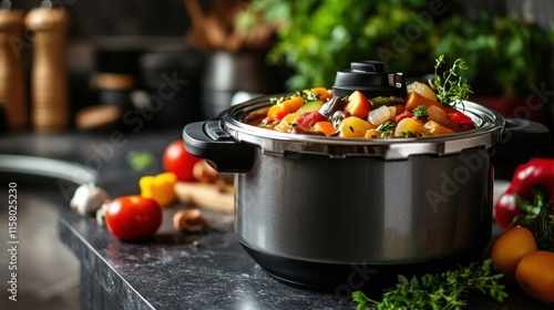 Delicious vegetable stew in a pressure cooker on a kitchen counter. photo