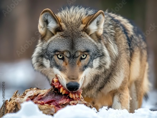 Gray wolf eating on deer carcass during winter  - ai