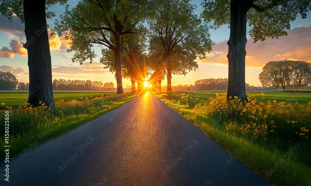 Sun rays through trees lining a road at sunset. Sun rays through trees lining a road at sunset.