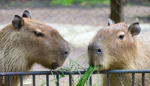 Two capybaras eating grass behind a fence. photo