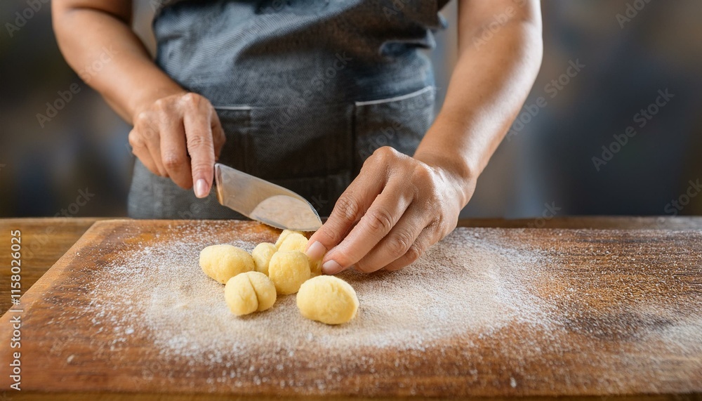 Hands using a knife to cut gnocchi dough on a board. Hands using a knife to cut gnocchi dough on a board.