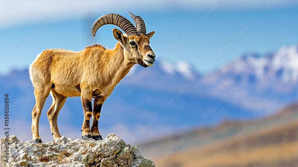 An Ibex with large, curved horns stands proudly on the edge of a rocky cliff, gazing out at the breathtaking mountainous landscape below. An Ibex with large, curved horns stands proudly on the edge of a rocky cliff, gazing out at the breathtaking mountainous landscape below.