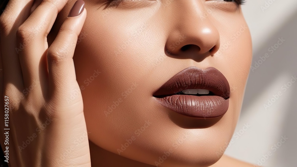 Fototapeta premium Fragment of a beautiful woman's face with makeup in brown tones, mocha mousse trend color 2025