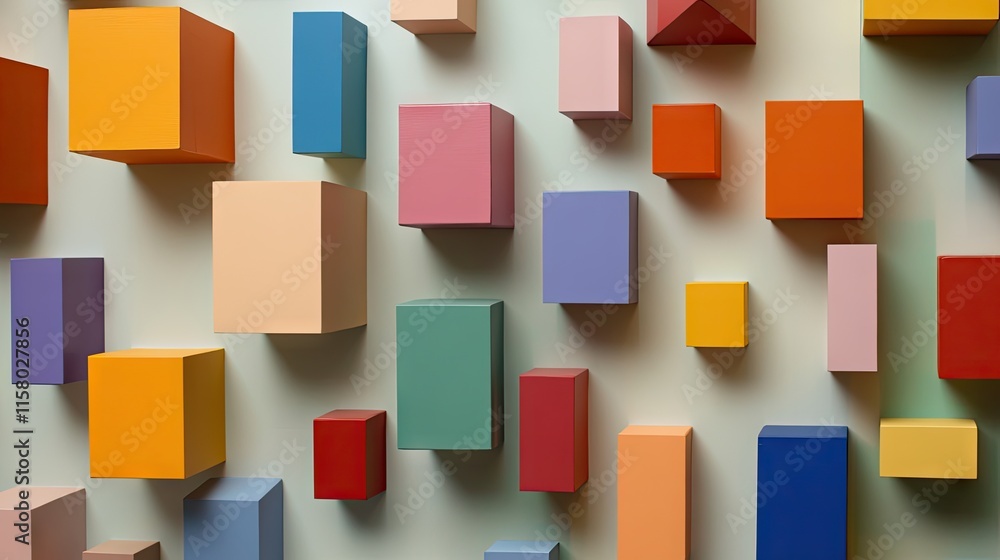 Colorful Geometric Shapes Arranged on a Wall in Abstract Design Colorful Geometric Shapes Arranged on a Wall in Abstract Design