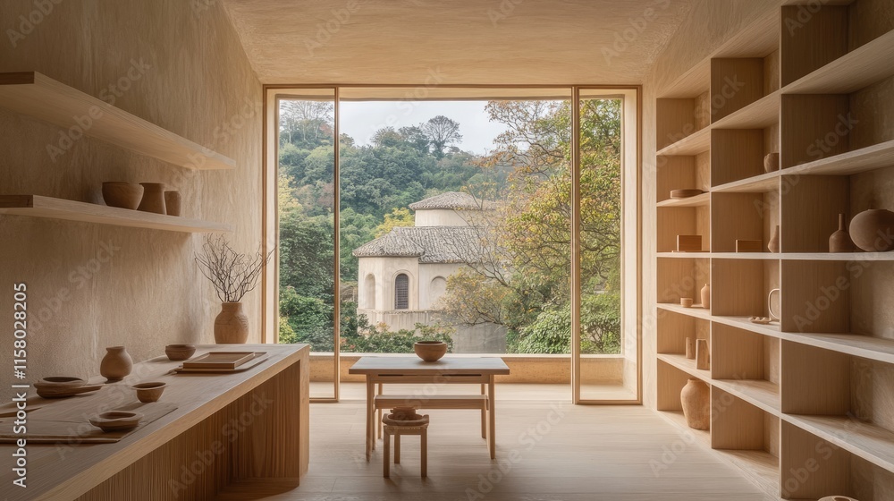 Fototapeta premium Serene Minimalist Interior with Natural Light and Scenic View