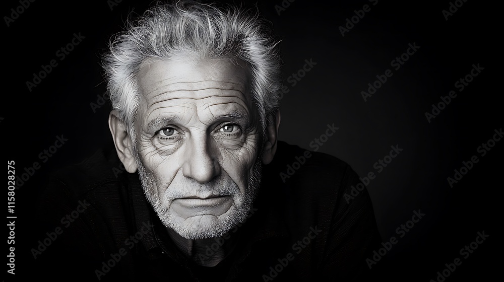 A classic black and white portrait of an elderly man with a deep, wise expression, showing his wrinkles and textured skin. He wears a simple but well-made shirt, and the lighting highlights A classic black and white portrait of an elderly man with a deep, wise expression, showing his wrinkles and textured skin. He wears a simple but well-made shirt, and the lighting highlights