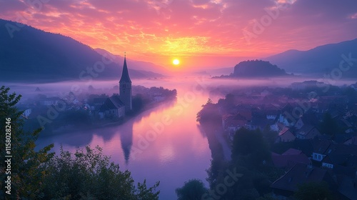 river in the fog winds through a valley between vineyards in a 180 degree loop a great landscape and lighting in the morning church tower moselle bremm moselle loop rhineland palatinate germany photo