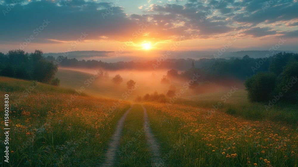 Obraz premium rural early morning sunrise fog and russians landscape summer background