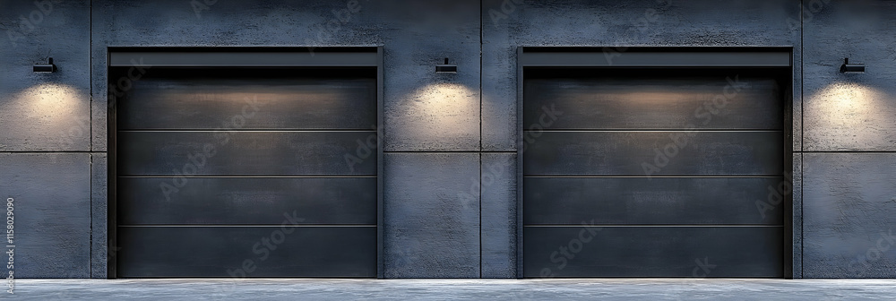 Dark Gray Garage Doors 3D Rendering Image: Modern Architectural Design, Concrete Wall, Evening Lighting Dark Gray Garage Doors 3D Rendering Image: Modern Architectural Design, Concrete Wall, Evening Lighting
