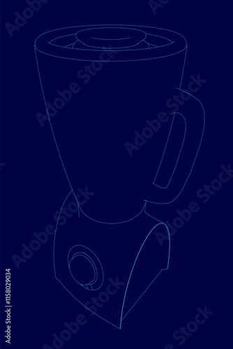 Blender is shown in a blue background. The blender is a simple design with a blue handle and a white blue. The image is a stylized representation of a blender, with the focus on the shape