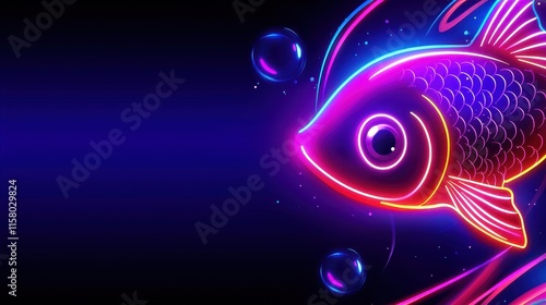 A glowing neon fish swimming in a radiant underwater scene, its body outlined in dynamic gradients of orange and purple, surrounded by glowing bubbles and faint light trails. 