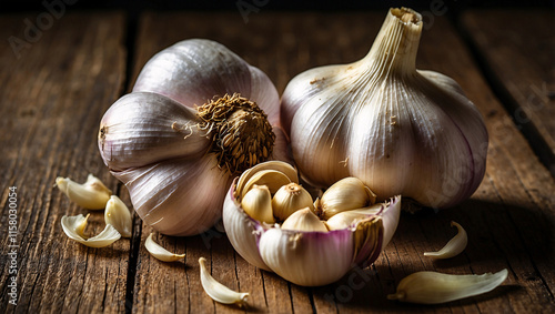 Fresh Garlic Bulbs and Peeled Cloves on Rustic Wooden Table photo